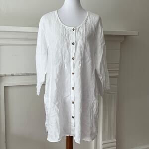 Plus Size Top Solid White 1X Linen Vintage Shirt Lagenlook Tunic Blouse Relaxed